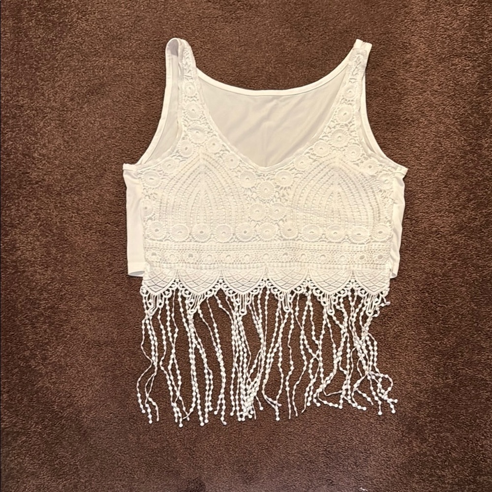 Embellished Cream Sleeveless Crop Tank Top